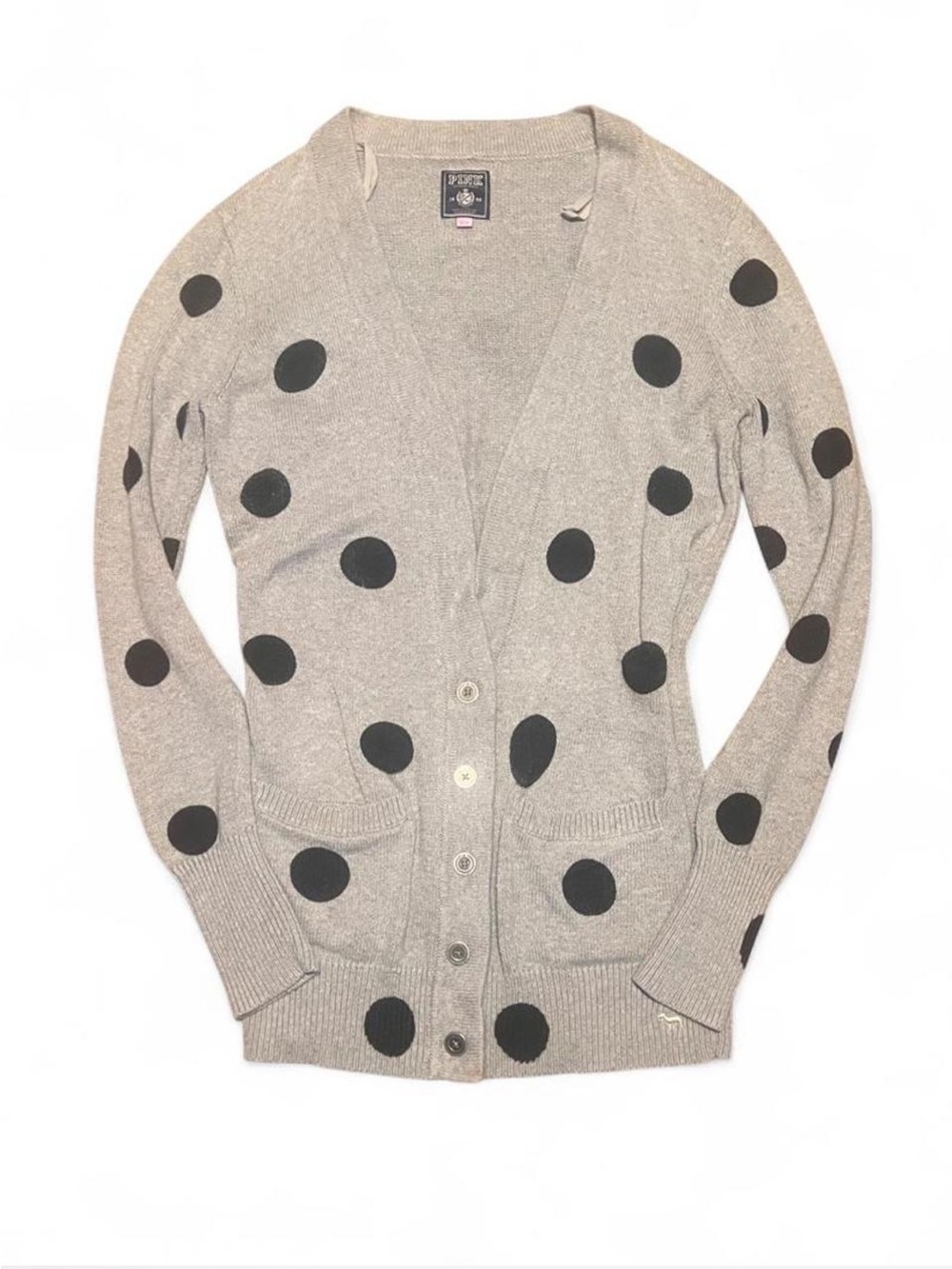 🐾 VTG Victoria’s Secret PINK Gray Polka Dot Cardigan Knit Sweater Size L